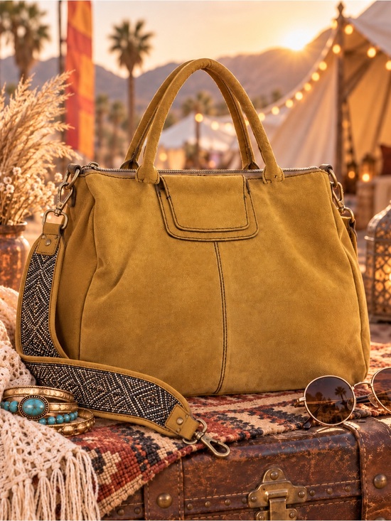 HOBO Handbags - HOBO Sheila Harvest Suede Leather Satchel Shoulder Bag Beaded Guitar Strap NICE